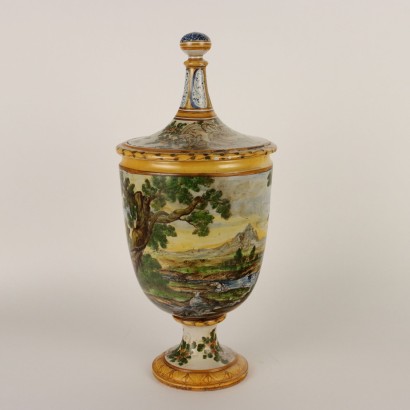 Vase mit Deckel aus Majolika Keramik Italien XIX-XX Jhd