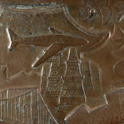 Bajorrelieve en cobre repujado con Allego, Alegoría de la historia del hombre