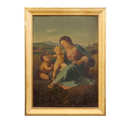 Virgin with Jesus Child and St. John Oil on Wooden Board Italy