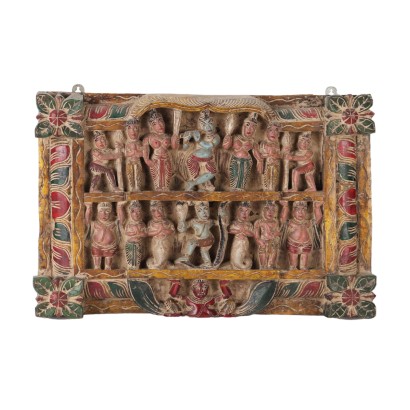Ancient Panel in Carved and Painted Wood from the XX Century