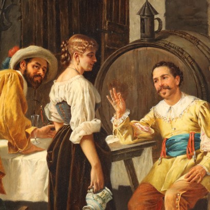 F. Rinaldi Taverneszene Öl auf Holzbrett Italien XVIII Jhd