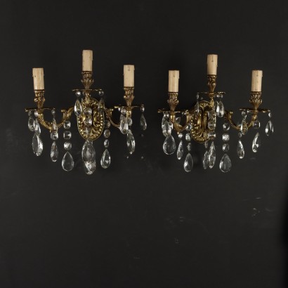 Ancient 3 Lights Wall Lamps Italy '900 Gilded Metal Glass Pendants