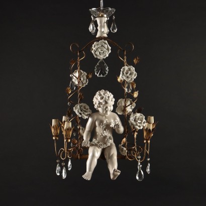 Ancient 6 Lights Chandelier in Glass and Gilded Iron XX Century