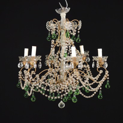 6 Lights Chandelier Iron and Colored Glass Italy XX Century
