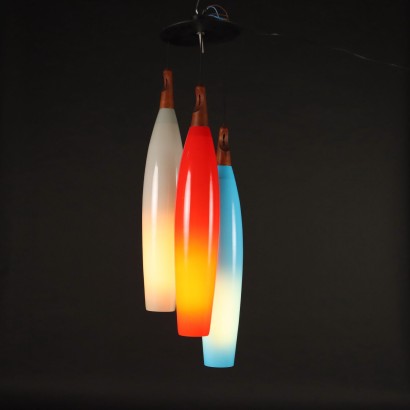 Vintage Ceiling Lamp Italy 1960s Colored Glass Teak Wood