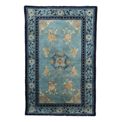 Vintage Light Blue Peking Carpet China 57x38 In Cotton Wool 1930s