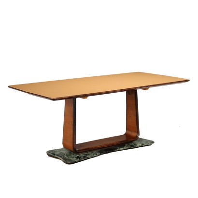 Vintage Tisch der 1950er Jahre Basis aus Marmor Furniertes Holz Glas