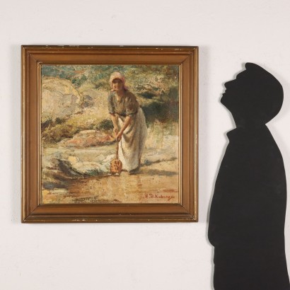 art, art italien, peinture italienne du XXe siècle, Peinture d'Enzo Kabregu, Lavandière, Enzo Domestico Kabregu