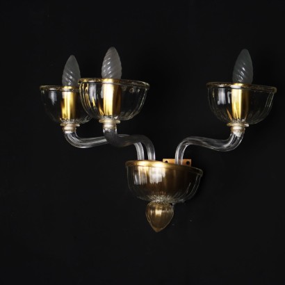 Appliques Anciennes 3 Lumières Murano \'900 Verre Transparent Doré