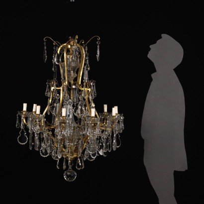 Lustre à 10 Lumières Cristal Laiton Italie \'900 Lampes Verre