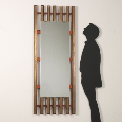Vintage Wall Mirror Italy 1960s Teak Wood Brass Frame
