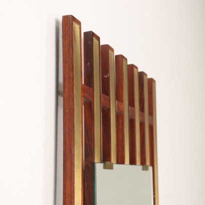 Vintage Wall Mirror Italy 1960s Teak Wood Brass Frame