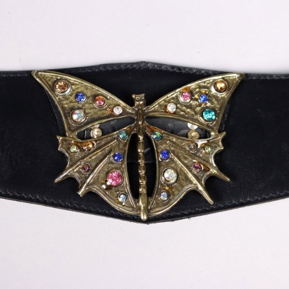 Vintage Belt with Butterfly 1980s Black Leather Beads Second Hand