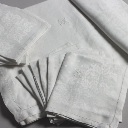 Ancient Rectangular Tablecloth Flax Napkins Italy '900 White