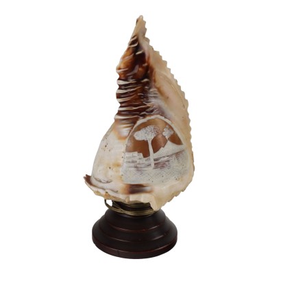 Antike Lampe mit Kamee und Muschel Italien \'900 Graviertes Holz
