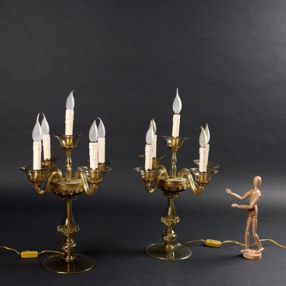 Lampes Anciennes de Table Murano \'900 Verre Coloré Soufflé 5 Lumières
