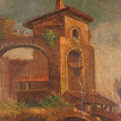 Antikes Gemälde Landschaft Architektur Öl auf Leinwand Bild Rahmen