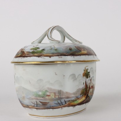 Ancient Sugar Bowl Porcelain Doccia Man. \'700 Painted Ceramic