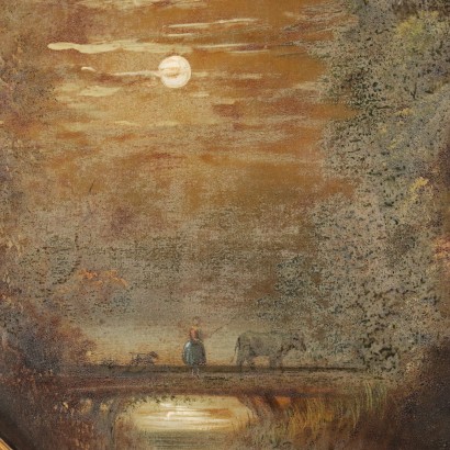 Paar Unterglasgemälden Landschaft \'800 Vergoldete Rahmen Bild Malerei