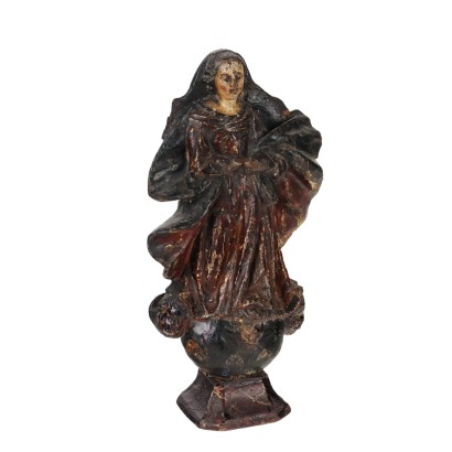 Ancient Wooden Sculpture Virgin Mary '700 Engraved Painted
