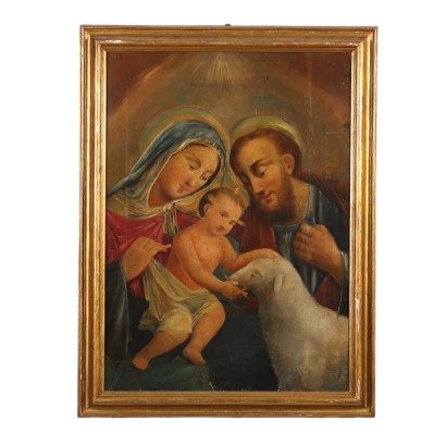 Antikes Gemälde Die Heilige Familie Öl auf Leinwand Gerahmt '800