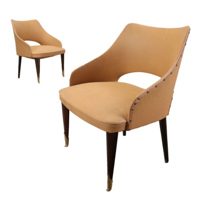 Vintage Armchairs 50s-60s Ebony Wood Brass Padded Seat