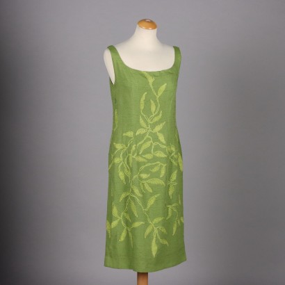 Vintage Green Sheath Dress Flax Size 18 Italy 60s-70s Shoulder Pads