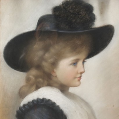 Tableau Ancien Portrait d\'une Jeune Femme Crayons Couleurs sur Carton