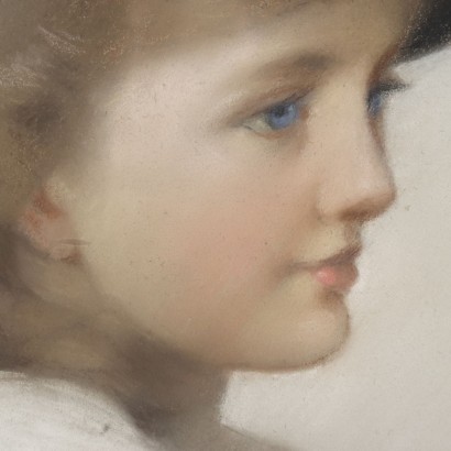 Tableau Ancien Portrait d\'une Jeune Femme Crayons Couleurs sur Carton