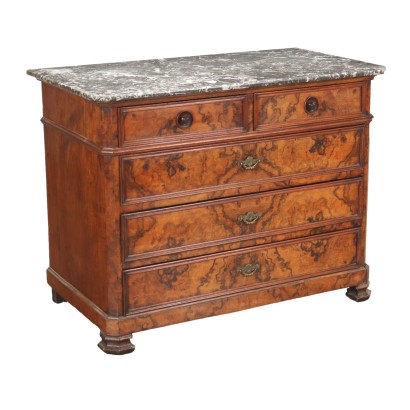 Ancient French Chest of Drawers '800 Walnut Burl Veneer Marble