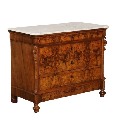 Ancient Louis Philippe Chest of Drawers '800 Walnut Wood White Marble