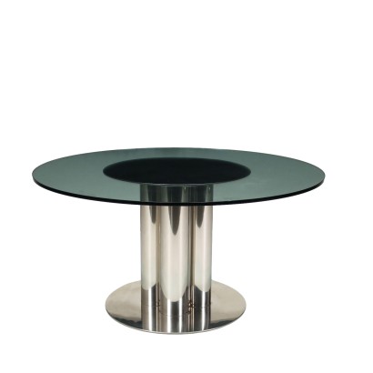 Vintage Table 1970s Chromed Metal Aluminium Smoked Glass Top