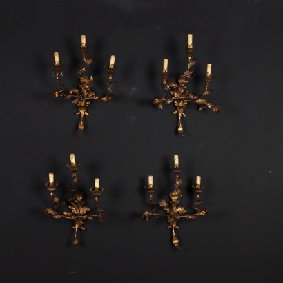 Ancient 3 Lights Wall Lamps Italy '900 Gilded Sheet Metal Leaves