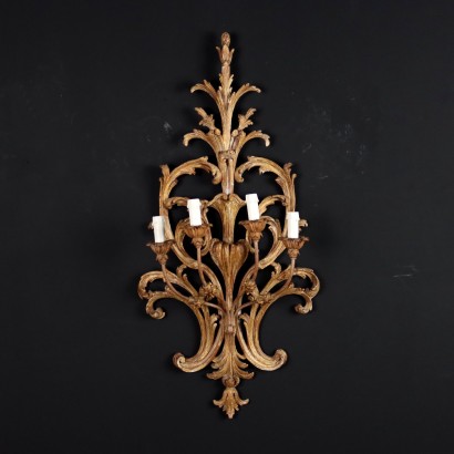 Ancient 4 Lights Wall Lamp '900 Carved and Gilded Wood Flowers