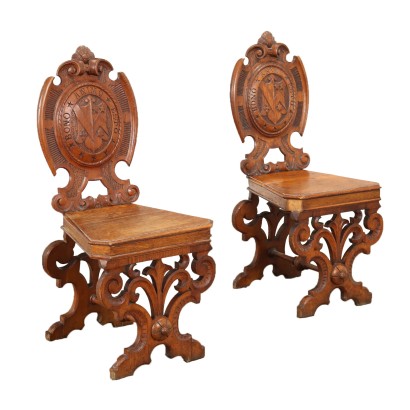 Ancient Refectory Chairs Italy '800 Carved Oak Wood