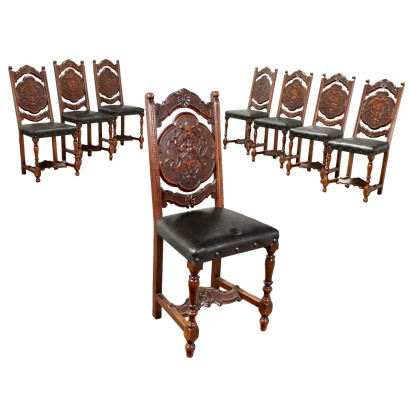 8 Ancient Chairs Walnut Wood Padded Seat Leather Upholstery