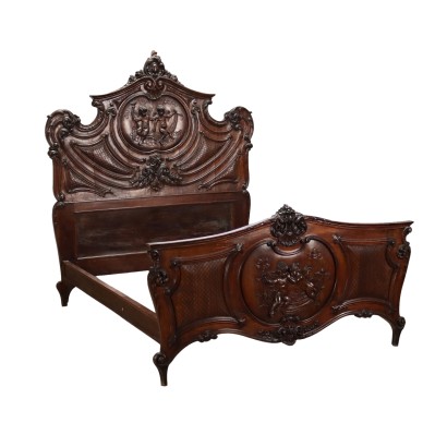 Ancient Double Bed '800 Carved Walnut Wood Angels Decorations