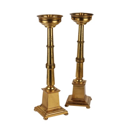 Ancient Candle-Holders Gilded Bronze Square Base Circular Feet