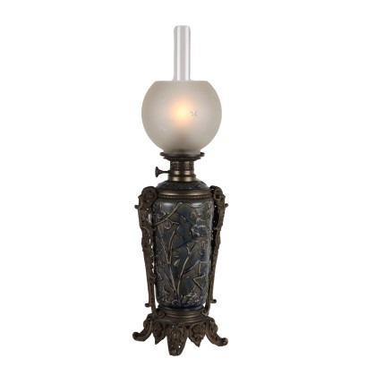 Ancient Oil Lamp Art Nouveau '800 Ceramic Patinated Metal Glass