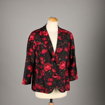 Vintage Jacke Italien 1990er Jahre Gr. M Schwarzes Satin Rote Rosen