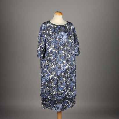 Vintage Anzug mit Mantel 1960er Jahre Gr. L Seide Blumen Leichtblau