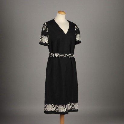 Vintage Kleid 70er Jahre Gr. M/L Schwarzes Baumwolle Weißen Stickerei