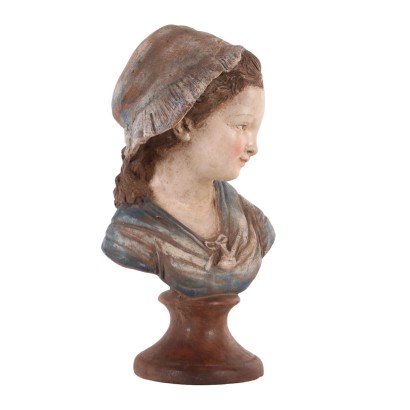 Ancient Sculpture Bust of a Girl '900 Terracotta with Round Base
