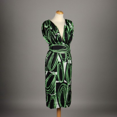 Vintage Kleid 70er-80er Jahre Gr. M/L Schwarzes Stoff Viskose Grün
