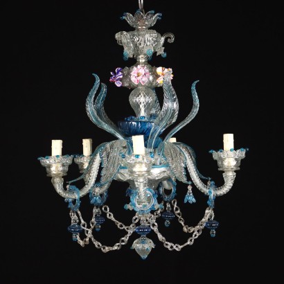 Antiker Kronleuchter 5 Lichtern '900 Geblasenes Glas Blumendekoration