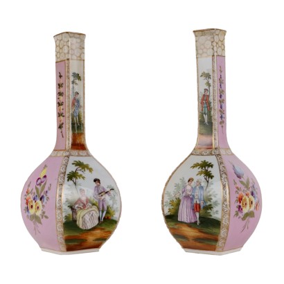Paire de Vases Anciens '800 Porcelaine de Dresde Bouquets à Fleurs