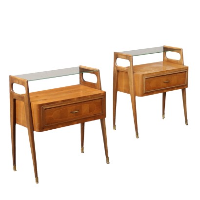 Vintage Bedside Tables 50s-60s Walnut Veneer Painted Beech Glass