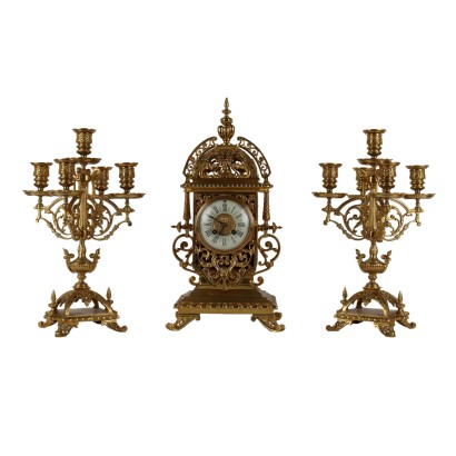 Tryptich Ancient Clock Eclectism '800 Gilded Bronze Plants Motifs