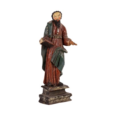 Antike Skulptur St. Paul '700 Geschnitztes und Polychrom Bemaltes Holz