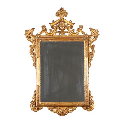 Ancient Mirror Gilded Wood Frame Engraved Flower Decorations
